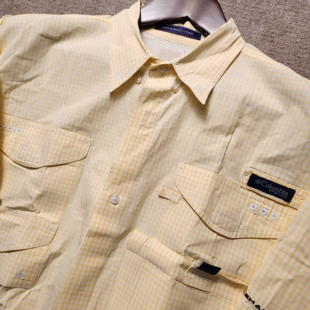 Columbia PFG Super Bonehead Shirt Mens Yellow White Gingham Fishing Long Sleeve